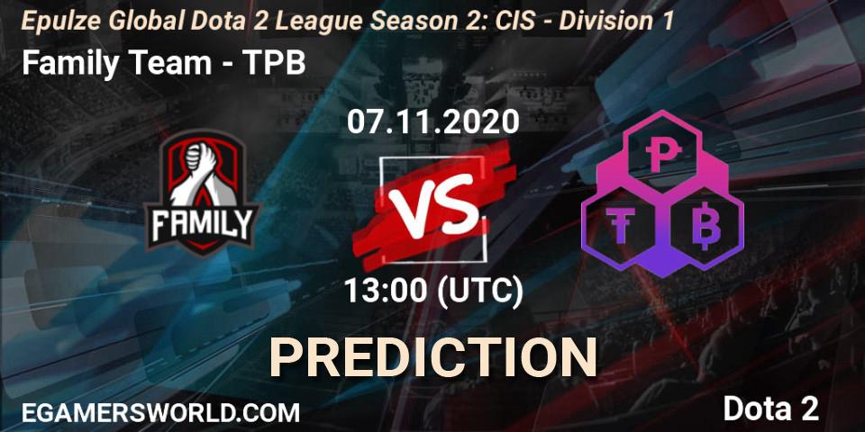 Family Team vs TPB: Match Prediction. 07.11.2020 at 13:10, Dota 2, Epulze Global Dota 2 League Season 2: CIS - Division 1