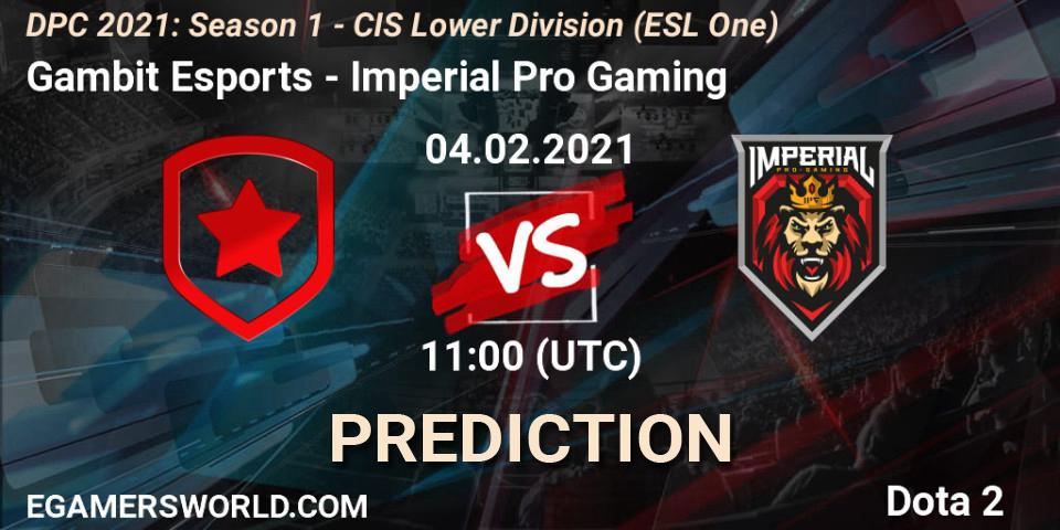 Gambit Esports vs Imperial Pro Gaming: Match Prediction. 04.02.2021 at 10:56, Dota 2, ESL One. DPC 2021: Season 1 - CIS Lower Division