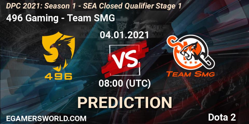 496 Gaming vs Team SMG: Match Prediction. 04.01.2021 at 08:32, Dota 2, DPC 2021: Season 1 - SEA Closed Qualifier Stage 1