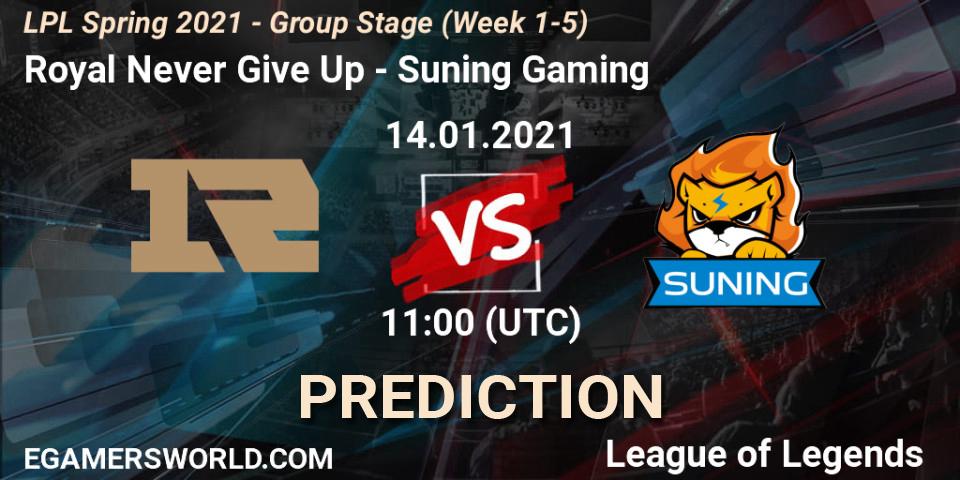 Royal Never Give Up vs Suning Gaming: Match Prediction. 14.01.2021 at 11:00, LoL, LPL Spring 2021 - Group Stage (Week 1-5)