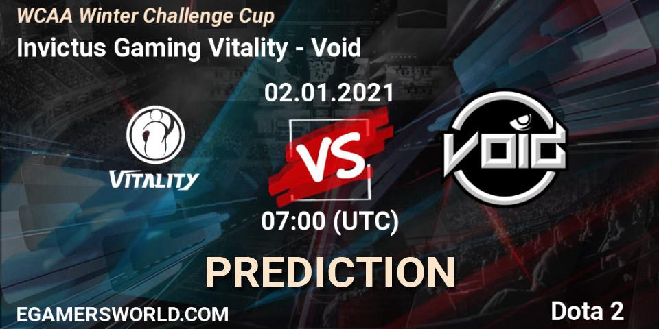 Invictus Gaming Vitality vs Void: Match Prediction. 02.01.2021 at 07:33, Dota 2, WCAA Winter Challenge Cup