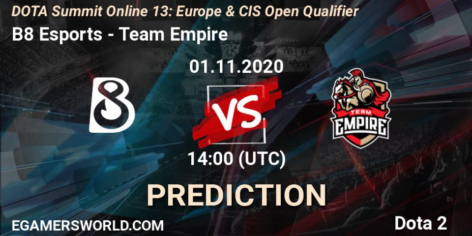 B8 Esports vs Team Empire: Match Prediction. 01.11.2020 at 15:31, Dota 2, DOTA Summit 13: Europe & CIS Open Qualifier