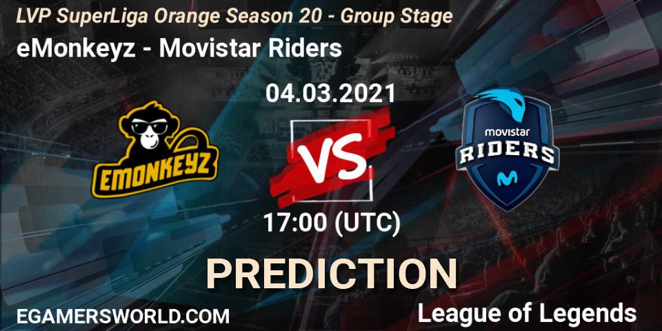 eMonkeyz vs Movistar Riders: Match Prediction. 04.03.2021 at 17:00, LoL, LVP SuperLiga Orange Season 20 - Group Stage