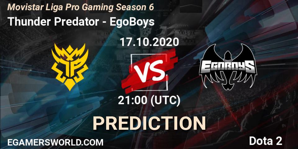 Thunder Predator vs EgoBoys: Match Prediction. 17.10.2020 at 21:07, Dota 2, Movistar Liga Pro Gaming Season 6