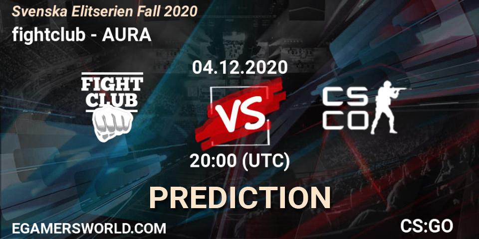 fightclub vs AURA: Match Prediction. 04.12.2020 at 20:35, Counter-Strike (CS2), Svenska Elitserien Fall 2020