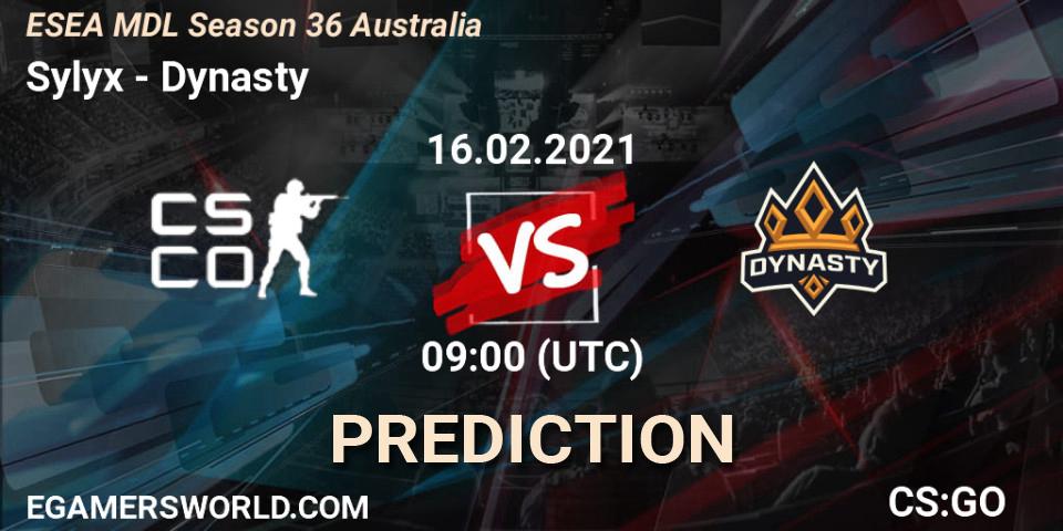 Sylyx vs Dynasty: Match Prediction. 16.02.2021 at 09:00, Counter-Strike (CS2), MDL ESEA Season 36: Australia - Premier Division