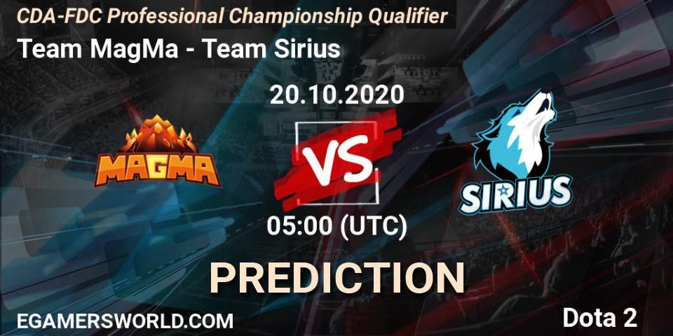 Team MagMa vs Team Sirius: Match Prediction. 20.10.2020 at 05:01, Dota 2, CDA-FDC Professional Championship Qualifier