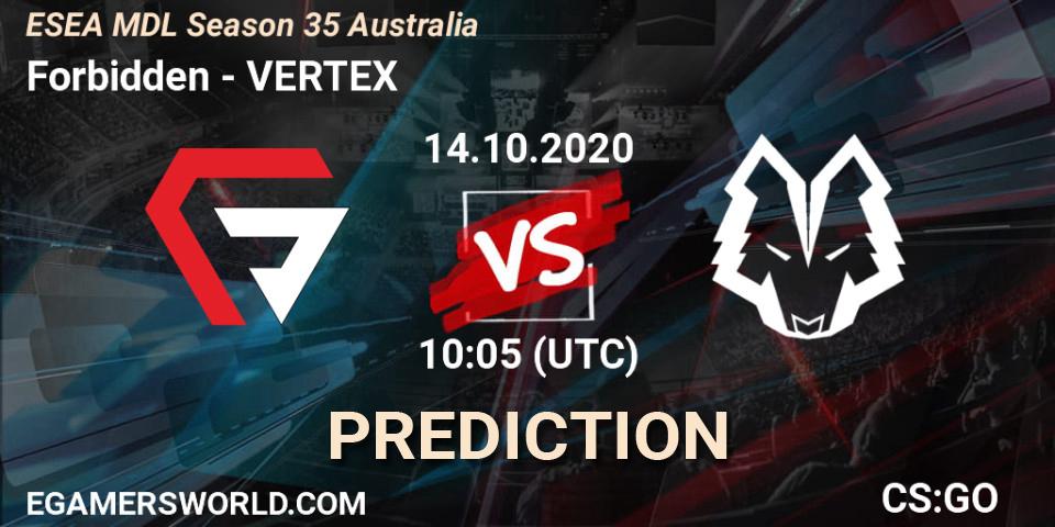 Forbidden vs VERTEX: Match Prediction. 14.10.2020 at 10:05, Counter-Strike (CS2), ESEA MDL Season 35 Australia