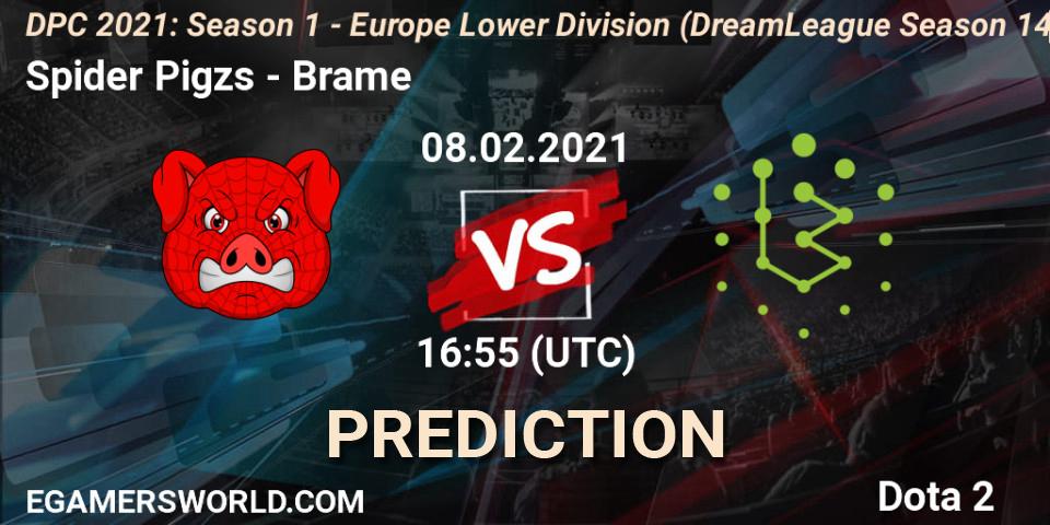 Spider Pigzs vs Brame: Match Prediction. 08.02.2021 at 17:09, Dota 2, DPC 2021: Season 1 - Europe Lower Division (DreamLeague Season 14)