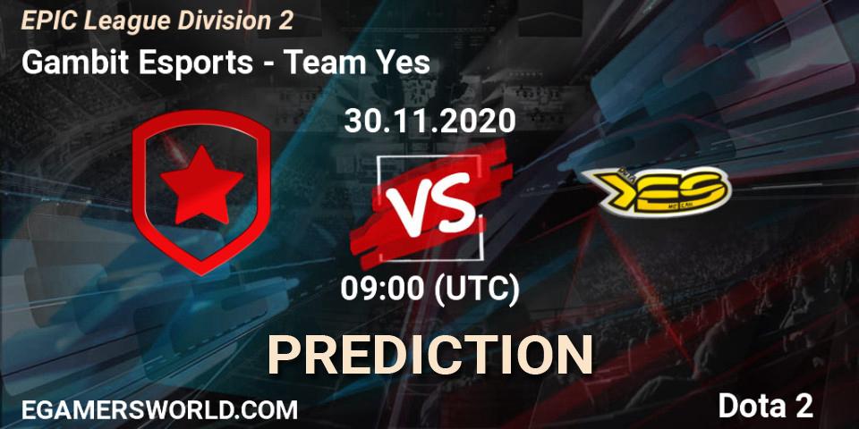 Gambit Esports vs Team Yes: Match Prediction. 30.11.2020 at 09:01, Dota 2, EPIC League Division 2