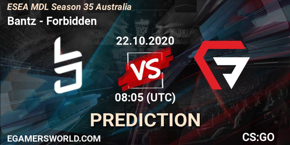 Bantz vs Forbidden: Match Prediction. 22.10.2020 at 08:05, Counter-Strike (CS2), ESEA MDL Season 35 Australia