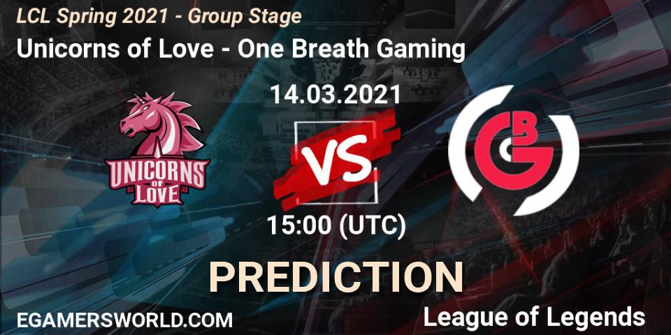 Unicorns of Love vs One Breath Gaming: Match Prediction. 14.03.2021 at 15:00, LoL, LCL Spring 2021 - Group Stage