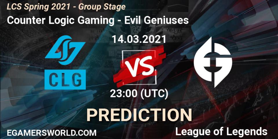 Counter Logic Gaming vs Evil Geniuses: Match Prediction. 14.03.2021 at 23:00, LoL, LCS Spring 2021 - Group Stage