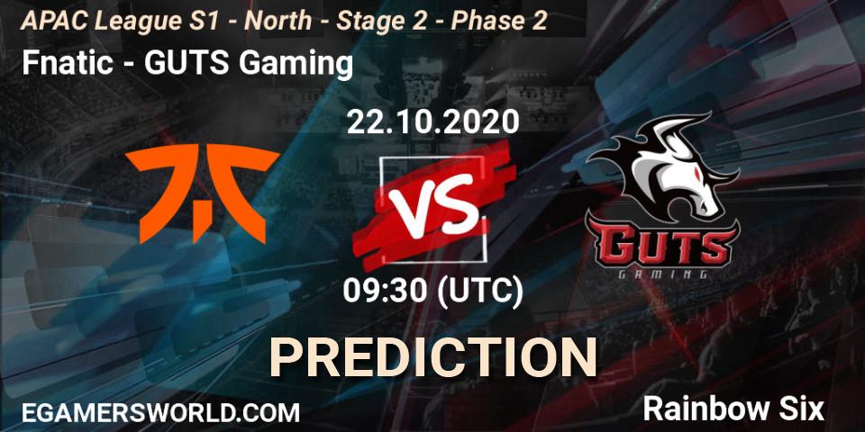 Fnatic vs GUTS Gaming: Match Prediction. 22.10.2020 at 09:30, Rainbow Six, APAC League S1 - North - Stage 2 - Phase 2