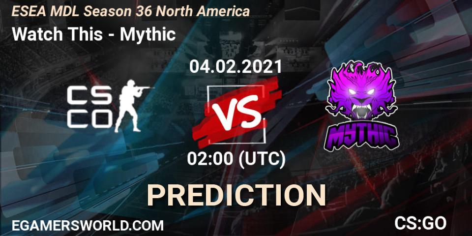 Watch This vs Mythic: Match Prediction. 04.02.2021 at 02:00, Counter-Strike (CS2), MDL ESEA Season 36: North America - Premier Division