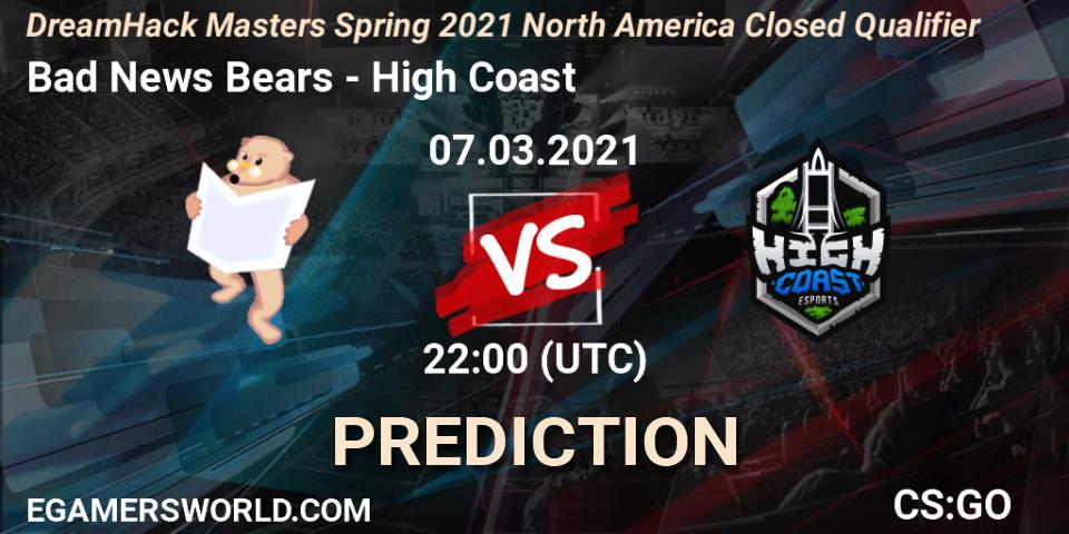 Bad News Bears vs High Coast: Match Prediction. 07.03.2021 at 22:00, Counter-Strike (CS2), DreamHack Masters Spring 2021 North America Closed Qualifier