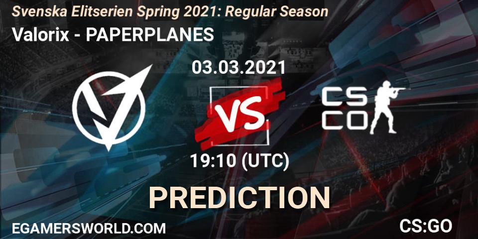 Valorix vs PAPERPLANES: Match Prediction. 03.03.2021 at 19:10, Counter-Strike (CS2), Svenska Elitserien Spring 2021: Regular Season