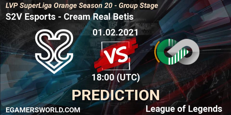 S2V Esports vs Cream Real Betis: Match Prediction. 01.02.2021 at 18:10, LoL, LVP SuperLiga Orange Season 20 - Group Stage