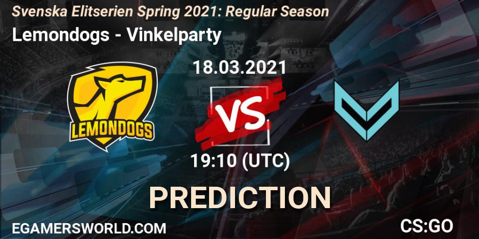 Lemondogs vs Vinkelparty: Match Prediction. 18.03.2021 at 19:10, Counter-Strike (CS2), Svenska Elitserien Spring 2021: Regular Season