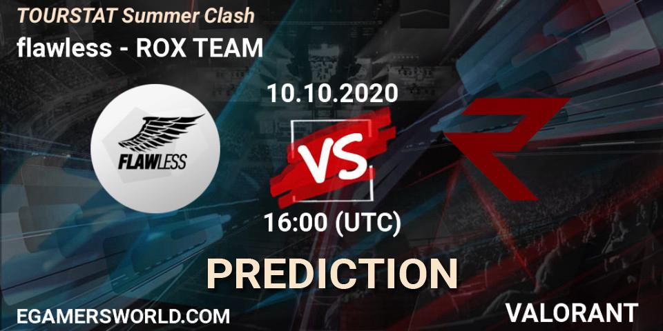 flawless vs ROX TEAM: Match Prediction. 10.10.2020 at 16:00, VALORANT, TOURSTAT Summer Clash