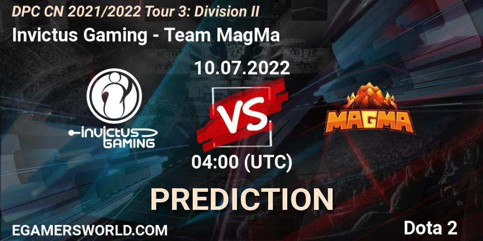Invictus Gaming vs Team MagMa: Match Prediction. 10.07.2022 at 04:02, Dota 2, DPC CN 2021/2022 Tour 3: Division II