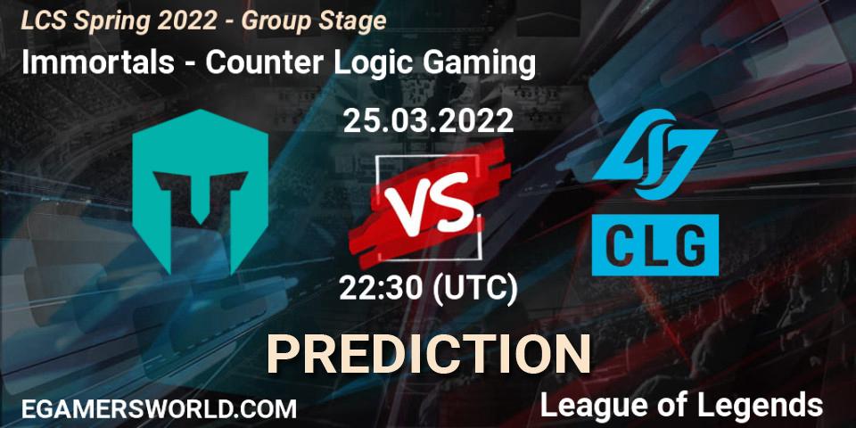 Immortals vs Counter Logic Gaming: Match Prediction. 26.03.2022 at 00:30, LoL, LCS Spring 2022 - Group Stage