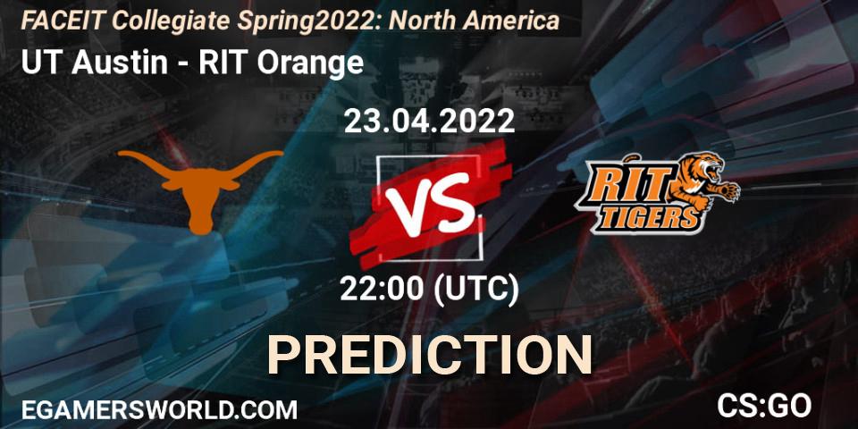 UT Austin vs RIT Orange: Match Prediction. 23.04.2022 at 22:00, Counter-Strike (CS2), FACEIT Collegiate Spring 2022: North America