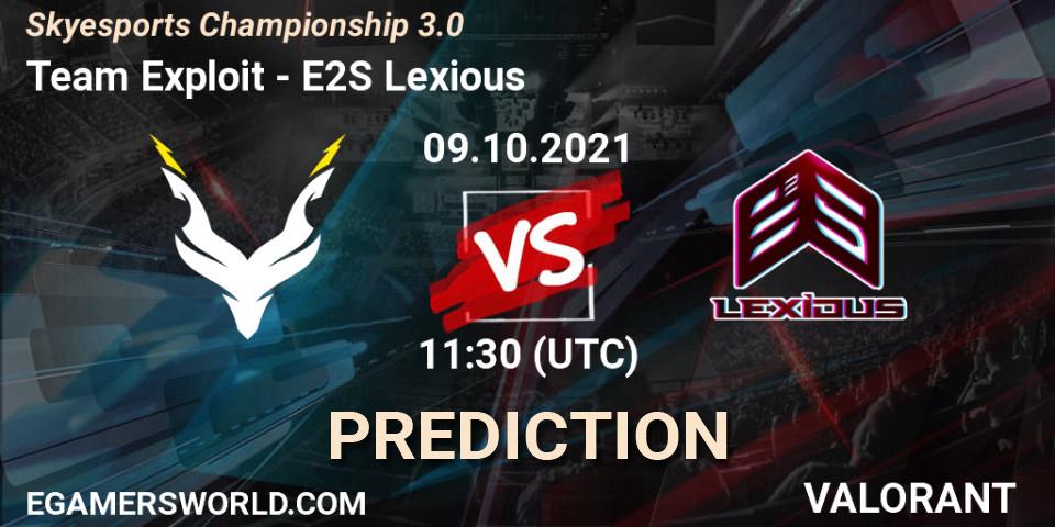 Team Exploit vs E2S Lexious: Match Prediction. 09.10.2021 at 11:30, VALORANT, Skyesports Championship 3.0