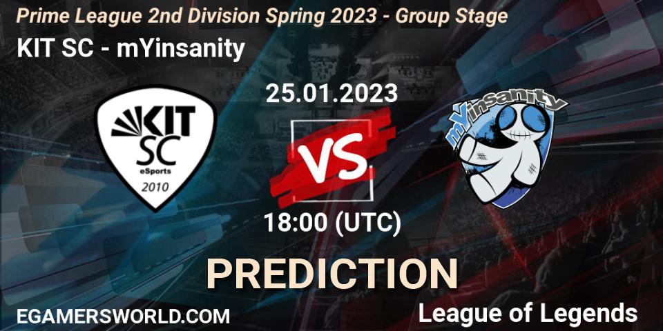 KIT SC vs mYinsanity: Match Prediction. 25.01.2023 at 18:00, LoL, Prime League 2nd Division Spring 2023 - Group Stage