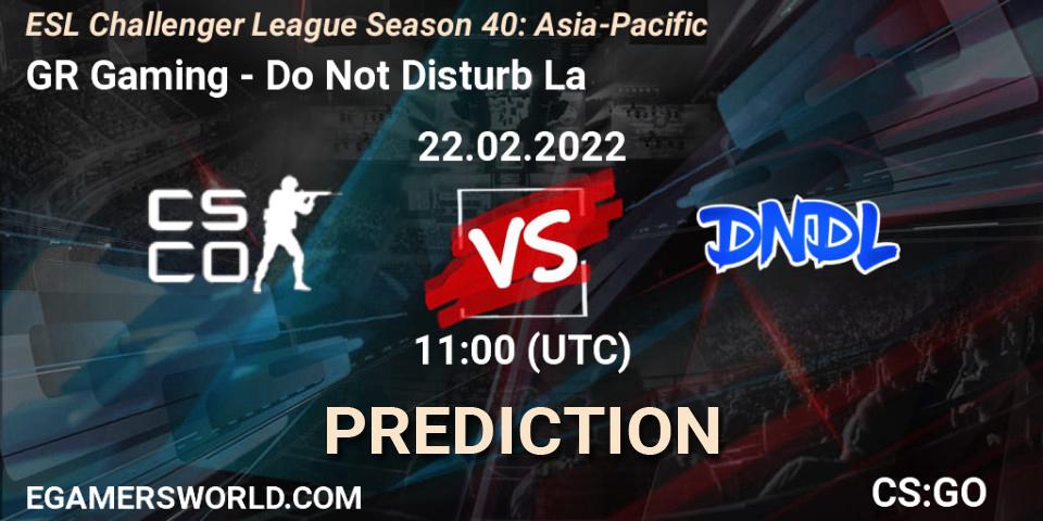 GR Gaming vs Do Not Disturb La: Match Prediction. 22.02.2022 at 12:00, Counter-Strike (CS2), ESL Challenger League Season 40: Asia-Pacific