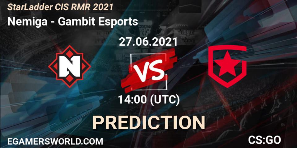 Nemiga vs Gambit Esports: Match Prediction. 27.06.2021 at 14:00, Counter-Strike (CS2), StarLadder CIS RMR 2021