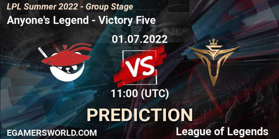 Anyone's Legend vs Victory Five: Match Prediction. 01.07.22, LoL, LPL Summer 2022 - Group Stage