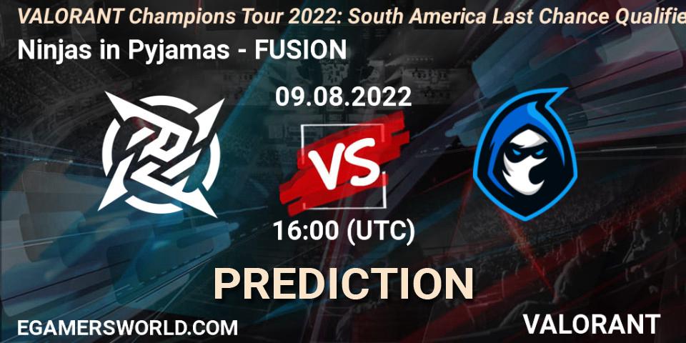 Ninjas in Pyjamas vs FUSION: Match Prediction. 09.08.2022 at 16:00, VALORANT, VCT 2022: South America Last Chance Qualifier