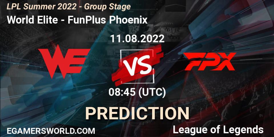 World Elite vs FunPlus Phoenix: Match Prediction. 11.08.2022 at 09:00, LoL, LPL Summer 2022 - Group Stage