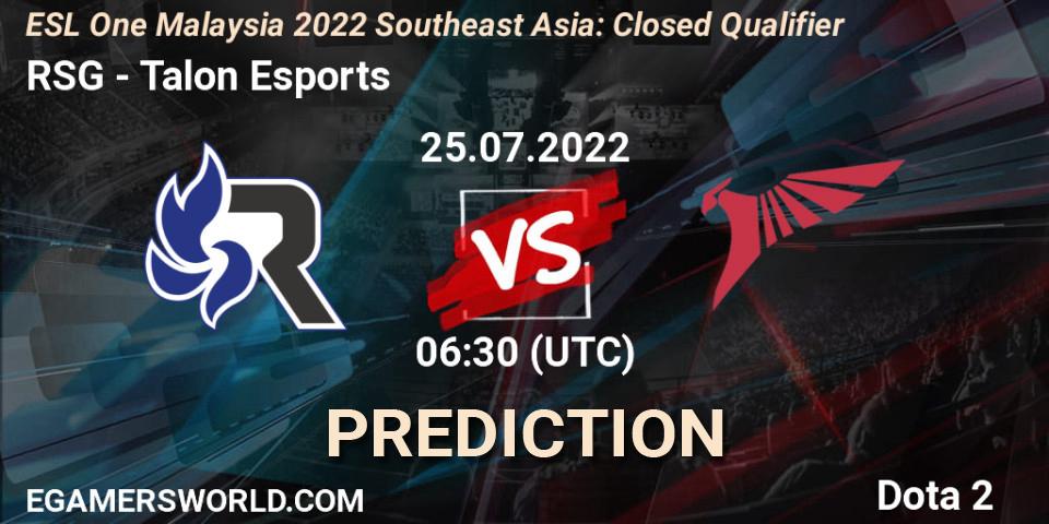 RSG vs Talon Esports: Match Prediction. 25.07.2022 at 07:06, Dota 2, ESL One Malaysia 2022 Southeast Asia: Closed Qualifier