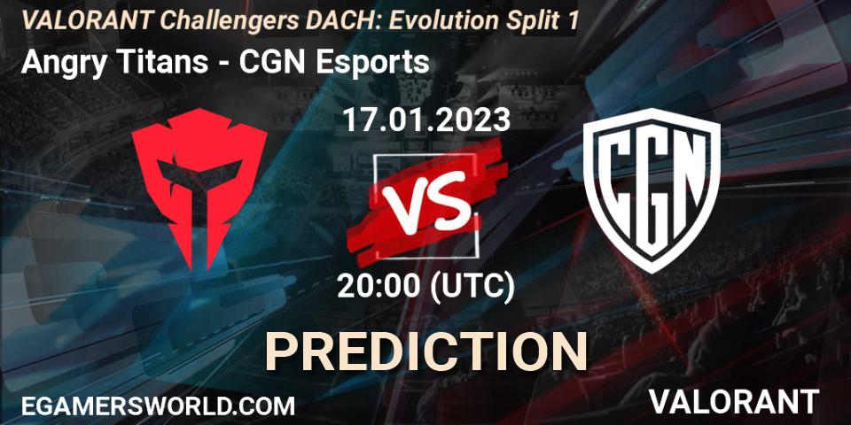 Angry Titans vs CGN Esports: Match Prediction. 17.01.2023 at 20:00, VALORANT, VALORANT Challengers 2023 DACH: Evolution Split 1