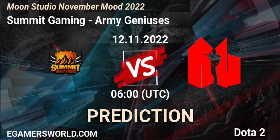 Summit Gaming vs Army Geniuses: Match Prediction. 12.11.2022 at 06:05, Dota 2, Moon Studio November Mood 2022