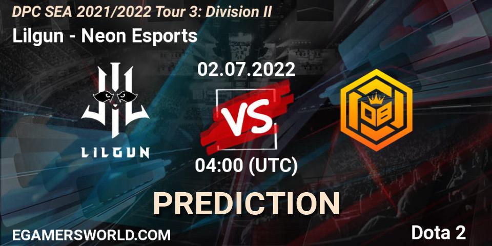 Lilgun vs Neon Esports: Match Prediction. 02.07.2022 at 04:02, Dota 2, DPC SEA 2021/2022 Tour 3: Division II