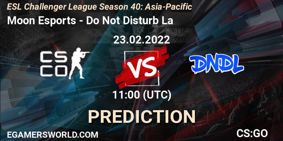 Moon Esports vs Do Not Disturb La: Match Prediction. 23.02.2022 at 12:00, Counter-Strike (CS2), ESL Challenger League Season 40: Asia-Pacific