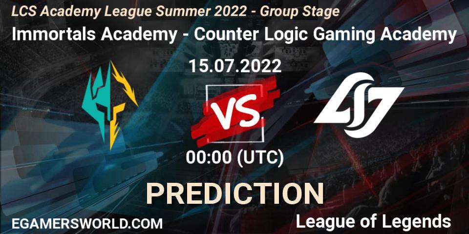 Immortals Academy vs Counter Logic Gaming Academy: Match Prediction. 15.07.2022 at 00:00, LoL, LCS Academy League Summer 2022 - Group Stage