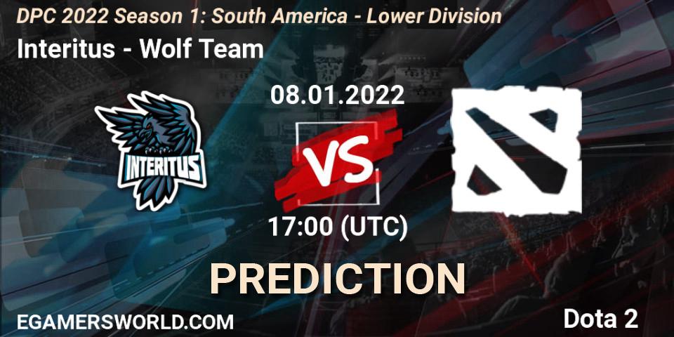 Interitus vs Wolf Team: Match Prediction. 08.01.2022 at 17:03, Dota 2, DPC 2022 Season 1: South America - Lower Division