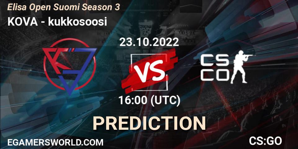 KOVA vs kukkosoosi: Match Prediction. 23.10.2022 at 16:00, Counter-Strike (CS2), Elisa Open Suomi Season 3