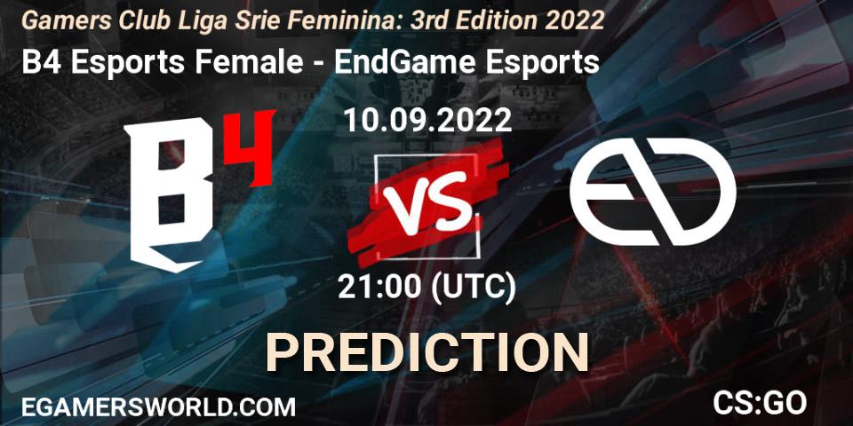 B4 Esports Female vs EndGame Esports: Match Prediction. 10.09.2022 at 21:00, Counter-Strike (CS2), Gamers Club Liga Série Feminina: 3rd Edition 2022