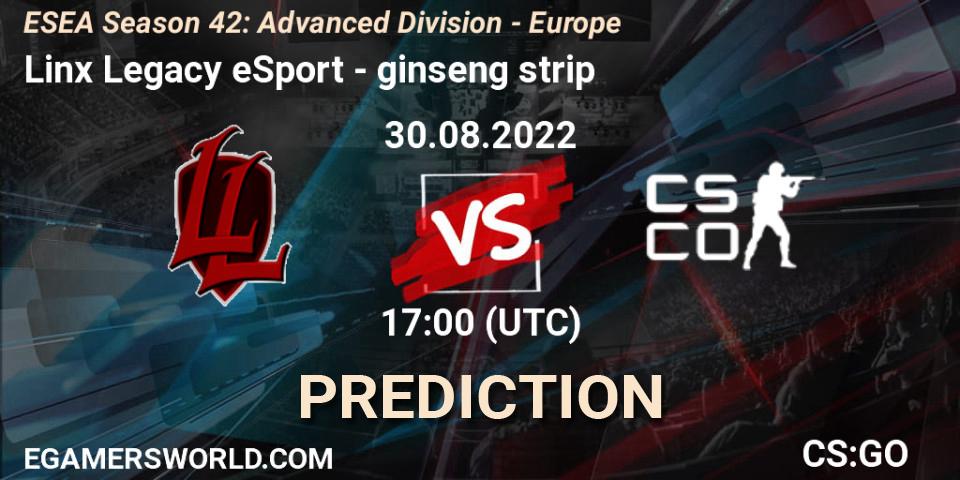 Linx Legacy eSport vs ginseng strip: Match Prediction. 30.08.2022 at 17:00, Counter-Strike (CS2), ESEA Season 42: Advanced Division - Europe