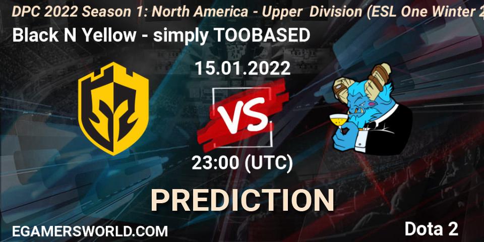 Black N Yellow vs simply TOOBASED: Match Prediction. 15.01.2022 at 22:55, Dota 2, DPC 2022 Season 1: North America - Upper Division (ESL One Winter 2021)