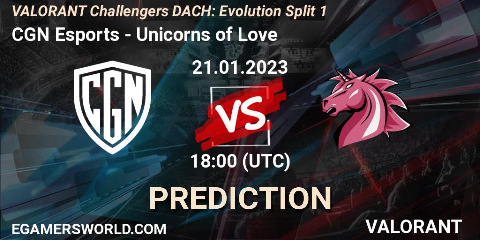CGN Esports vs Unicorns of Love: Match Prediction. 21.01.2023 at 18:45, VALORANT, VALORANT Challengers 2023 DACH: Evolution Split 1