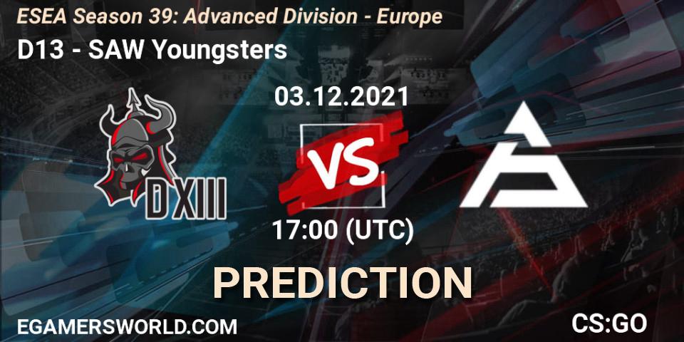 D13 vs SAW Youngsters: Match Prediction. 03.12.2021 at 17:00, Counter-Strike (CS2), ESEA Season 39: Advanced Division - Europe