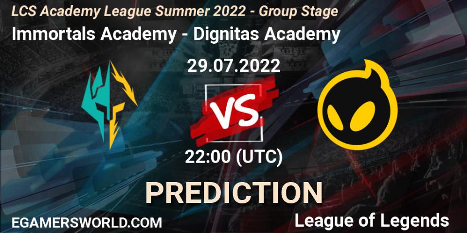 Immortals Academy vs Dignitas Academy: Match Prediction. 29.07.2022 at 22:00, LoL, LCS Academy League Summer 2022 - Group Stage