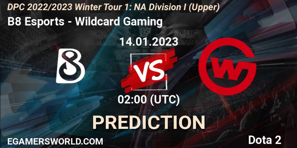 B8 Esports vs Wildcard Gaming: Match Prediction. 14.01.2023 at 01:52, Dota 2, DPC 2022/2023 Winter Tour 1: NA Division I (Upper)