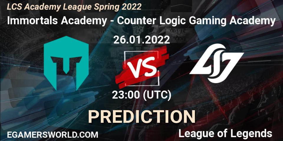 Immortals Academy vs Counter Logic Gaming Academy: Match Prediction. 26.01.2022 at 23:00, LoL, LCS Academy League Spring 2022